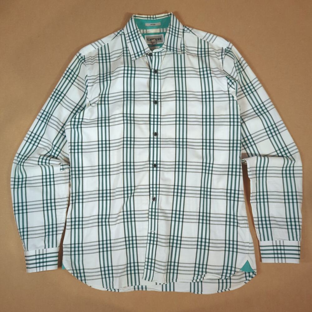 Express Men’s M Fitted Plaid Button Down Shirt Teal Gray White Cotton